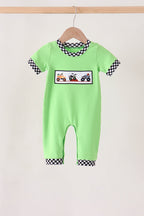 Green car embroidery checkered romper