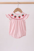 Pink strawberry embroidery gingham bubble