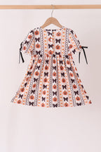 Pumpkin bow embroidery ruffle dress