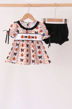 Pumpkin bow embroidery ruffle bloomer set