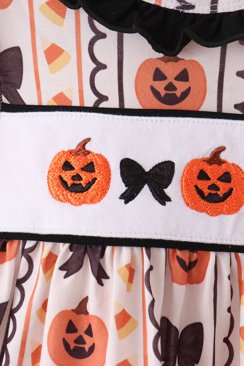 Pumpkin bow embroidery ruffle bloomer set
