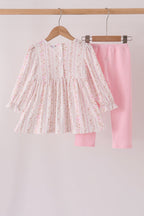 Pink floral turkey embroidery ruffle pants set