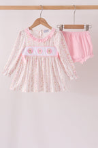 Pink floral turkey embroidery ruffle bloomer set