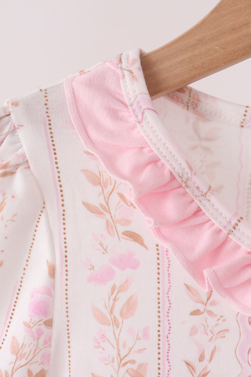 Pink floral turkey embroidery ruffle bloomer set