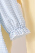 Blue character embroidery gingham ruffle pants set