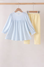 Blue character embroidery gingham ruffle pants set