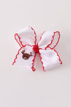 Red reindeer embroidery crochet edge hair bow