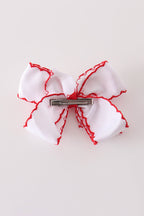 Red reindeer embroidery crochet edge hair bow