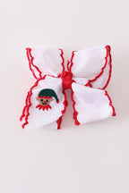 White snowman embroidery crochet edge hair bow