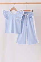Blue polka dot pocket ruffle pants set