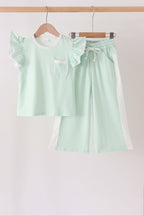 Green polka dot pocket ruffle pants set