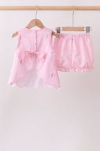 Pink stripe seersucker flamingo embroidery scalloped bloomer set