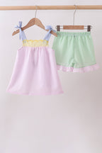 Pink stripe seersucker bow ruffle shorts set