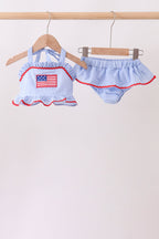 Blue flag applique gingham ruffle 2pc swimsuit