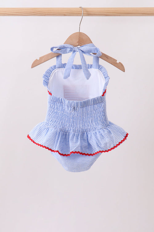Blue flag applique gingham ruffle one-piece swimsuit