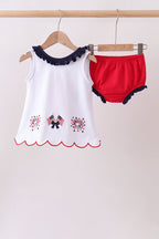 Red flag fireworks embroidery ruffle bloomer set