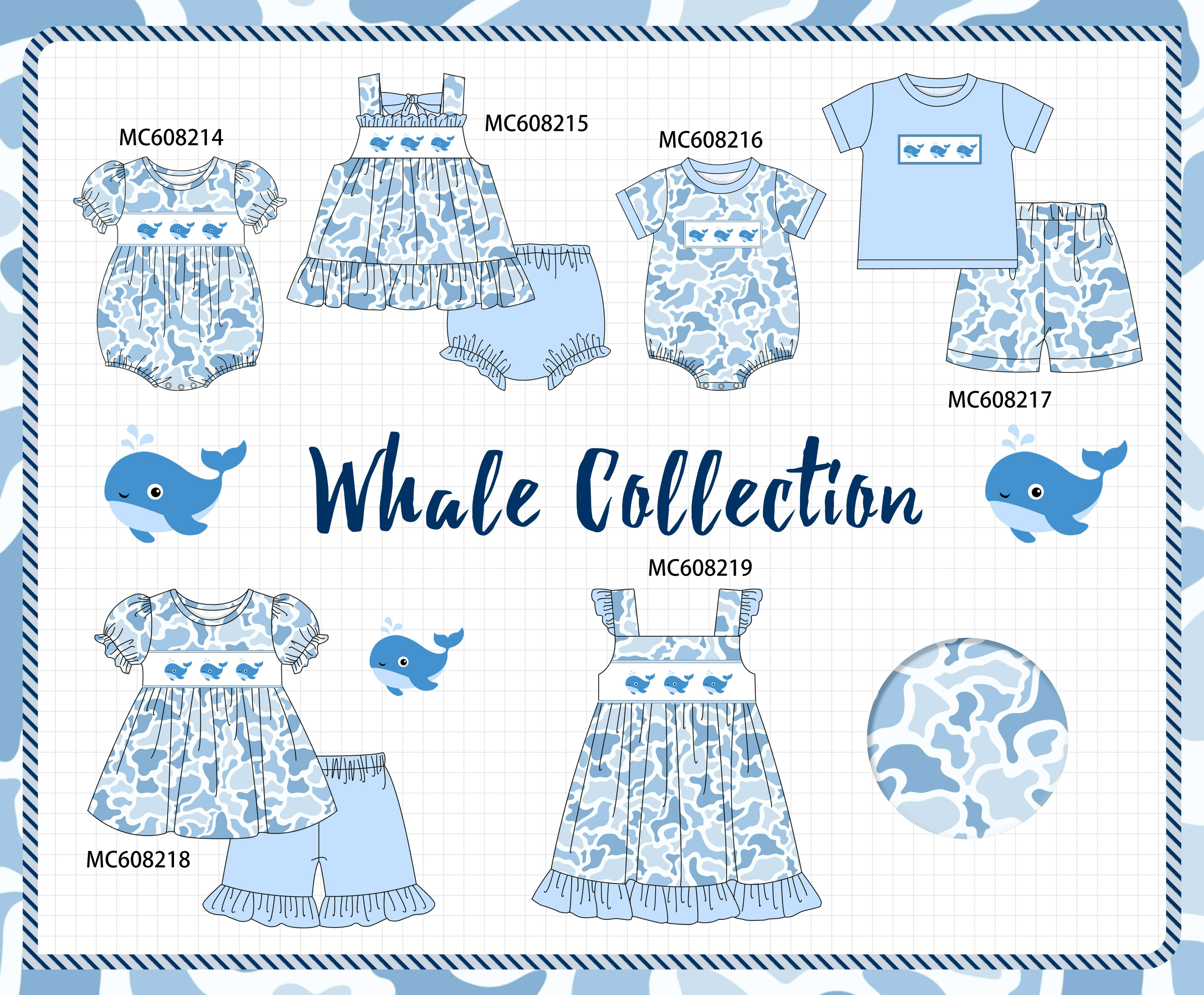 PO101 Blue camouflage whale embroidery ruffle collection