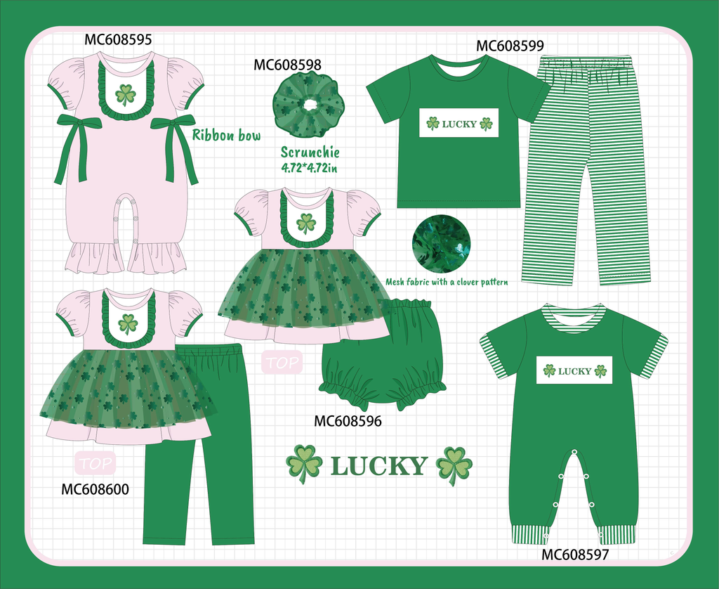 PO101 Green&pink clover embroidery ruffle stripe collection