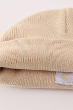 Beige ribbed basic knit beanie hat