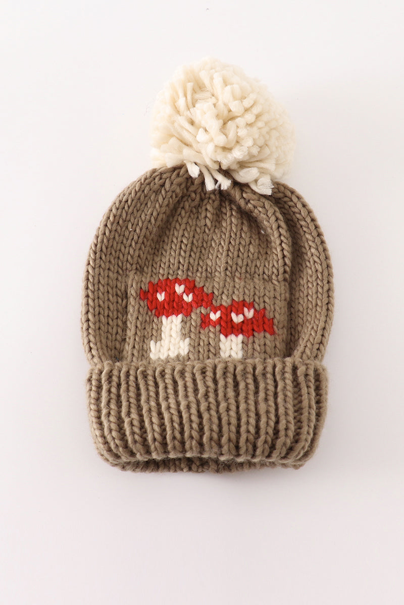 Brown pompom mushroom cable beanie hat