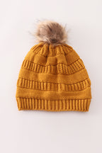 Mustard pompom cable beanie hat