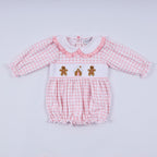 Pink gingerbread hand smocked gingham ruffle bubble