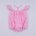 Pink character hand smocked dot ruffle bubble