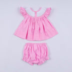 Pink character hand smocked dot ruffle bloomer set