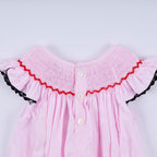 Red character hand smocked plaid ruffle bubble