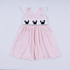 Pink character hand smocked gingham ruffle dress