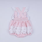 Pink character hand smocked gingham ruffle bubble