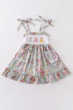 Floral print bunny embroidery smocked girl dress