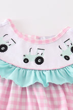 Pink tractor embroidery plaid girl bubble