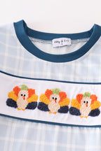 Teal thanksgiving turkey french knot plaid boy set
