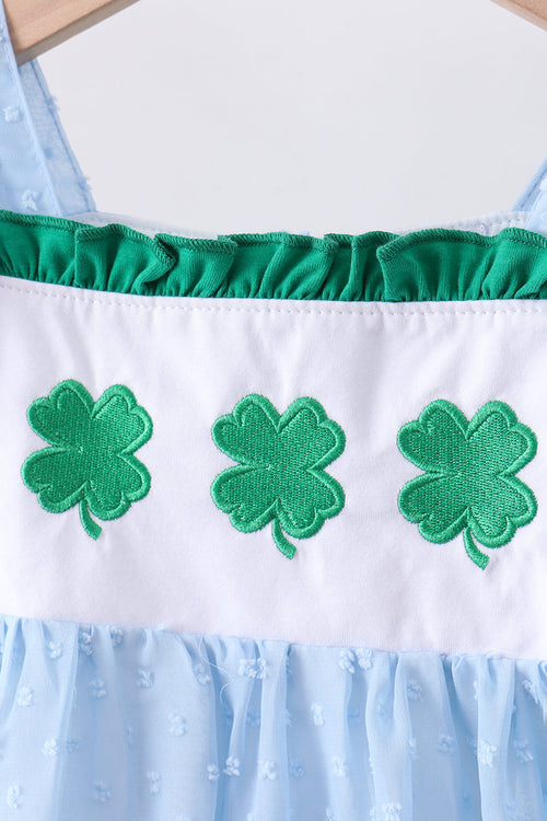 Blue clover embroidery swiss dot shorts set