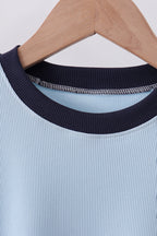 Blue character embroidery stripe shorts set