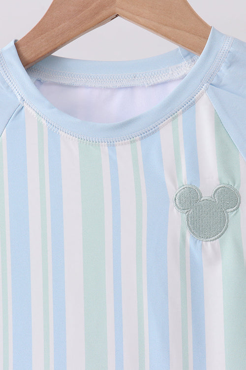 Blue character embroidery stripe long sleeve swimsuit