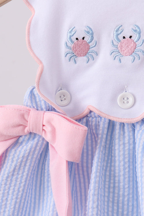 Blue Crab Embroidered Seersucker Bloomer Set