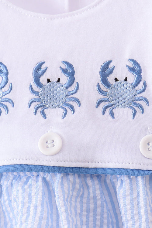 Blue Crab Embroidered Seersucker Bubble