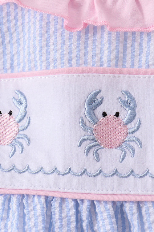 Blue Crab Embroidered Seersucker Ruffle Shorts Set
