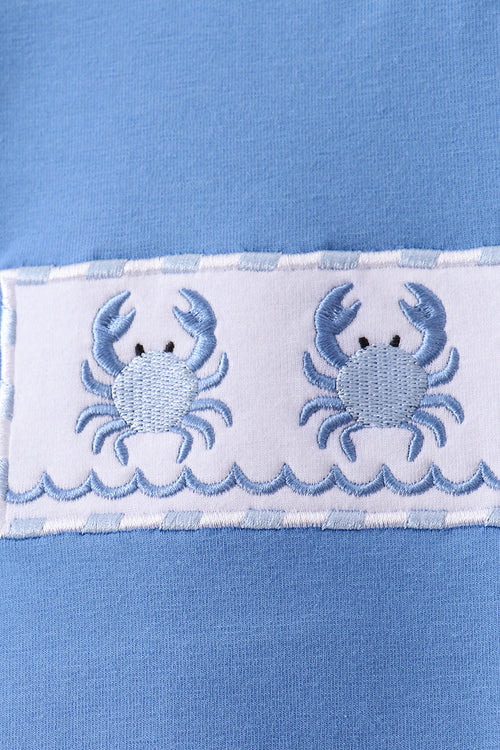 Blue Crab Embroidered Seersucker Shorts Set