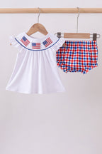 White flag smocked ruffle gingham bloomer set