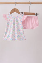 Pink hydrangea bow print ruffle bloomer set