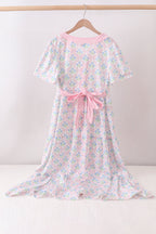 Pink hydrangea bow print tiered dress