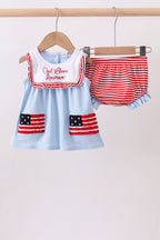 Blue god bless America flag french knot ruffle bloomer set