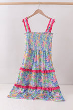 Tropical floral smocked tiered dress