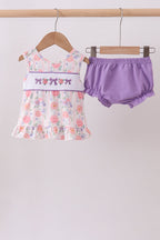 Purple rose bow smocked ruffle bloomer set