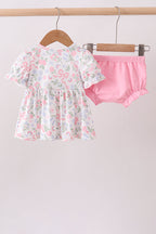 Pink floral bow smocked ruffle bloomer set