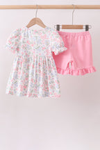 Pink floral bow smocked ruffle shorts set