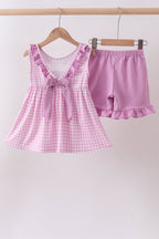 Pink floral bow smocked ruffle shorts set